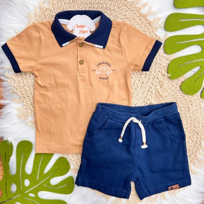 Conj. Camiseta Gola Polo Original Style e Bermuda - Marinho e Cappuccino